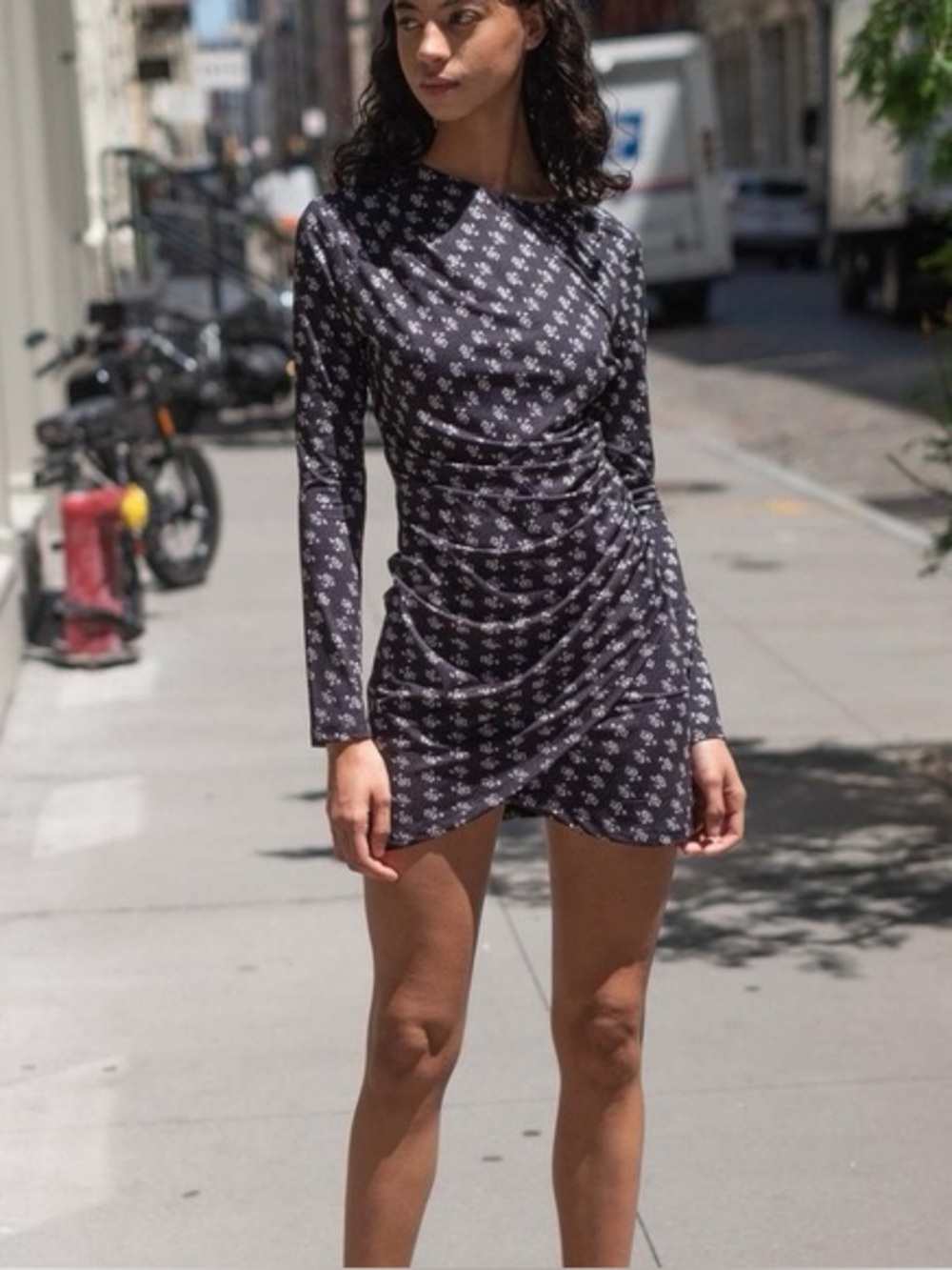 Sea New York Ada Mini Dress Medium NWT Floral Ruched‎ Long Sleeve Navy Black